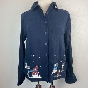 EUC Christopher & Banks Womens Button Down Blue Snowman Shirt Size S